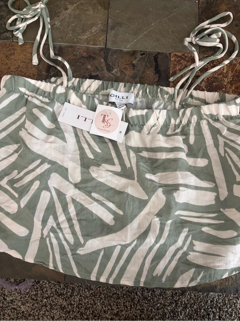 Gilli Sage Green and White Abstract Tie-Strap Top